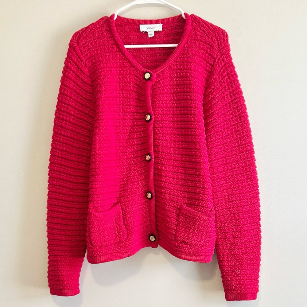 CeCe Lurex Textured Chunky Knit Button Cardigan Sweater - Picture 1 of 4